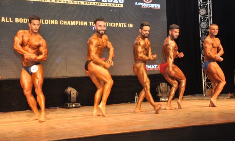 Bodybuilders showcasing their well built muscles and physique during Ultimate Classic Mr. North India Body Building & Physique Championship 2020